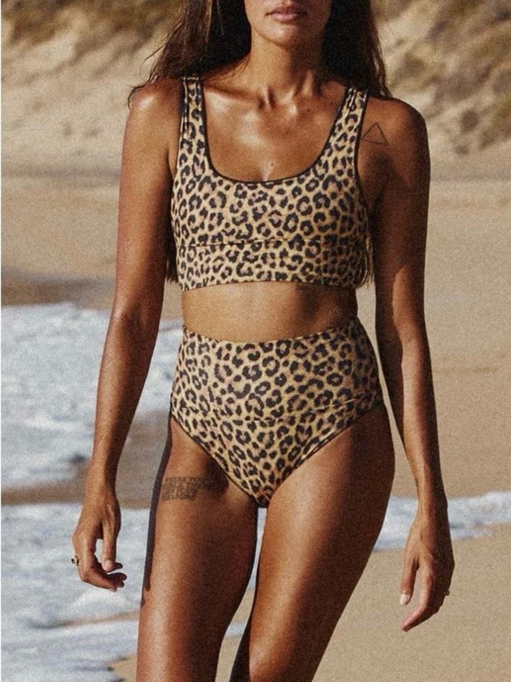 Its Now Cool Leopard Print Bikini Set High Waisted Scoop Neck Tan Black L NWT